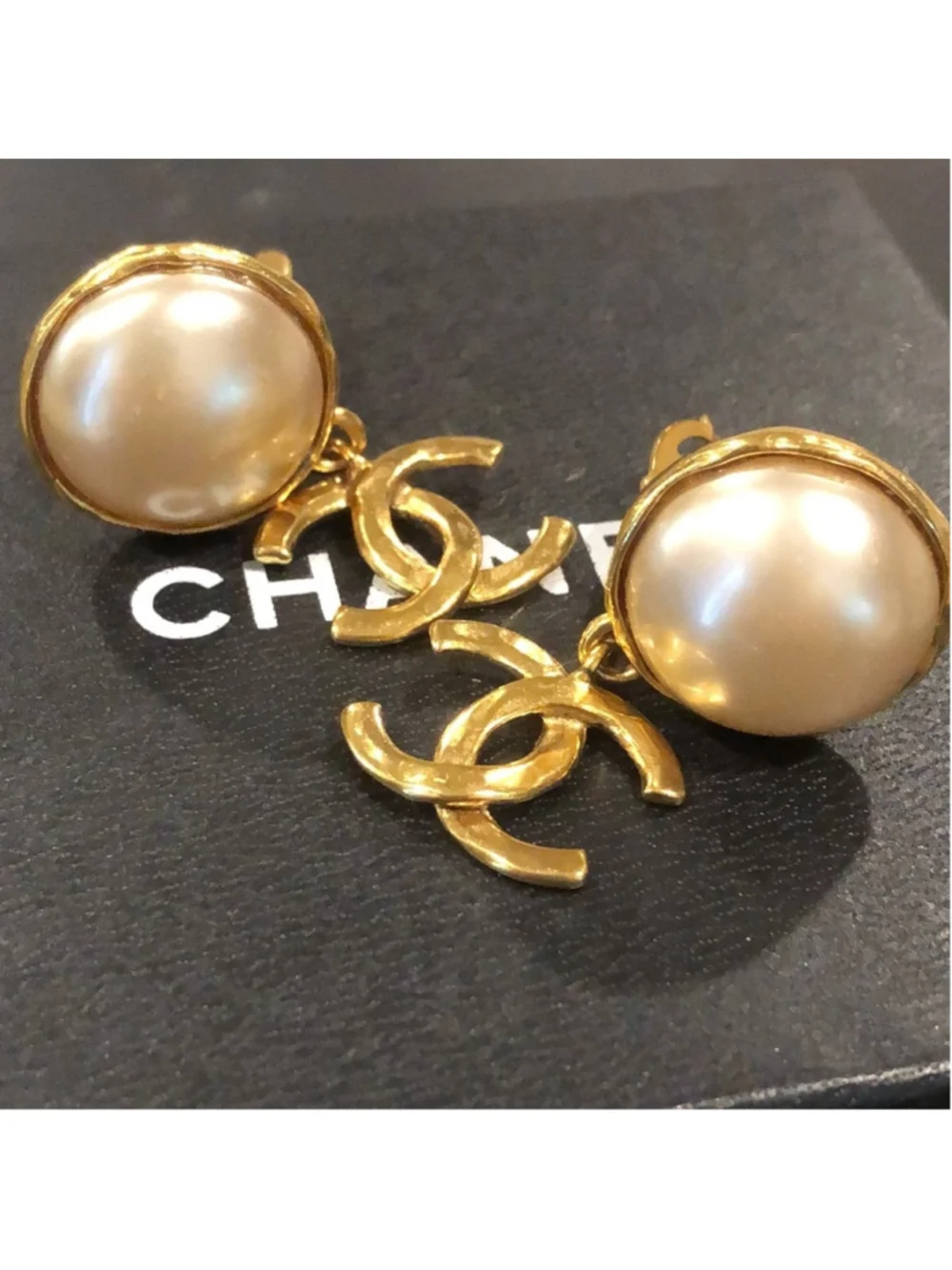 CHANEL Interlinked CC 24k Gold Plated and Cream Mabe Pearl Drop Clip-On Earrings